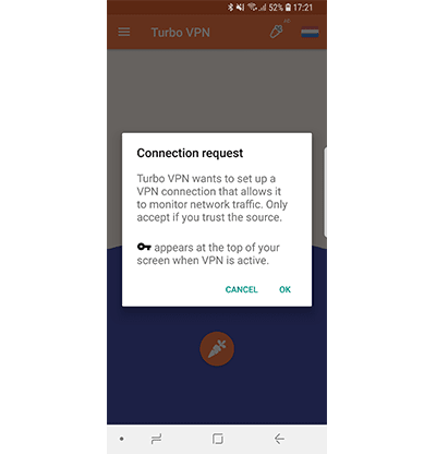 Turbo VPN connection request in our Turbo VPN VPN review