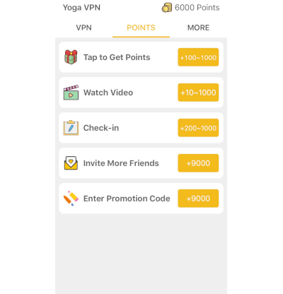 Yoga VPN points screen in our Yoga VPN review