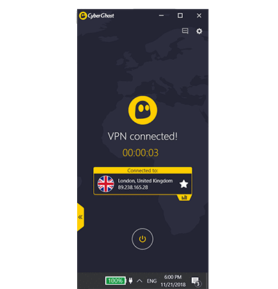 CyberGhost connected screen in our CyberGhost VPN review