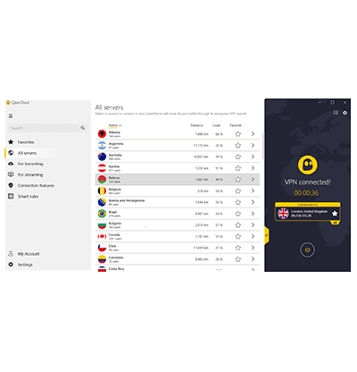CyberGhost extended screen and server list in our CyberGhost VPN review