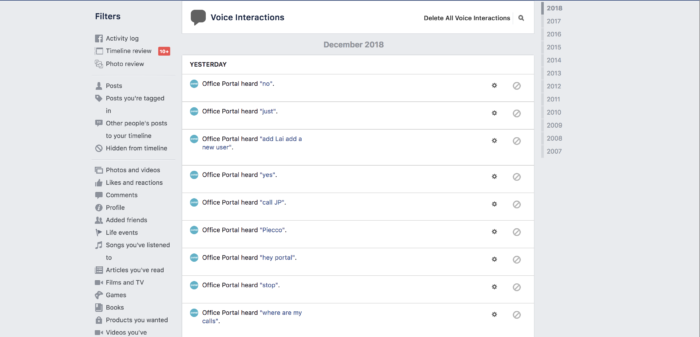 Facebook Portal voice interactions in Activity Log