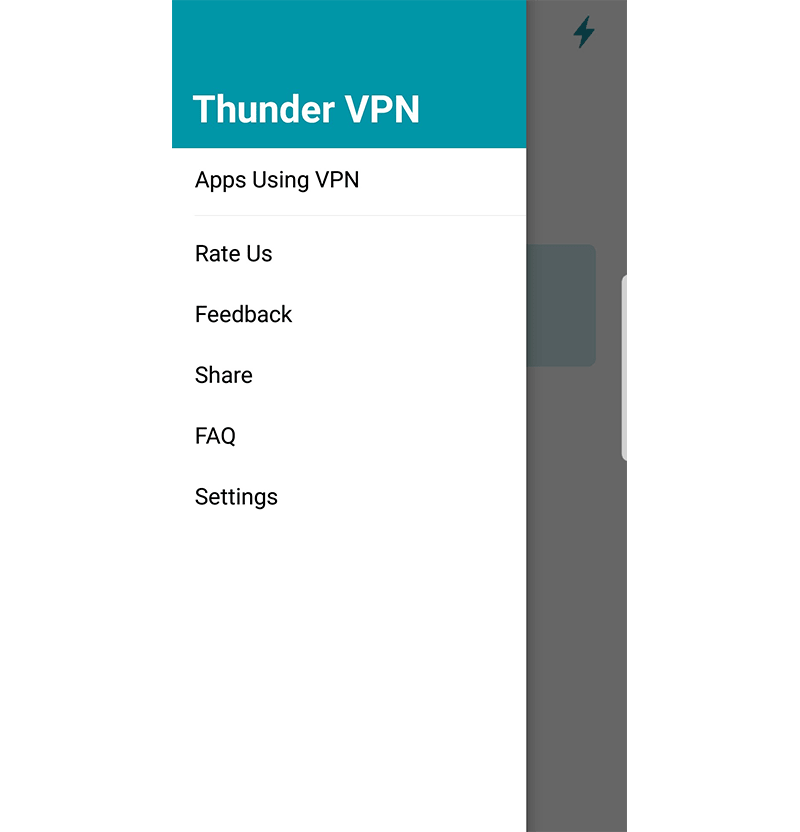 Captura de pantalla del menú de ajustes de Thunder VPN