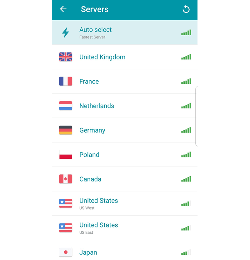 Captura de pantalla de la lista de ubicaciones de servidores