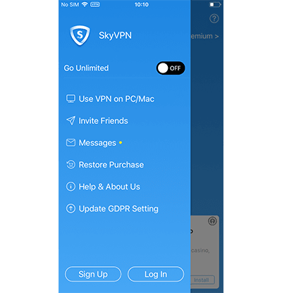Screenshot of the main menu on SkyVPN's mobile app