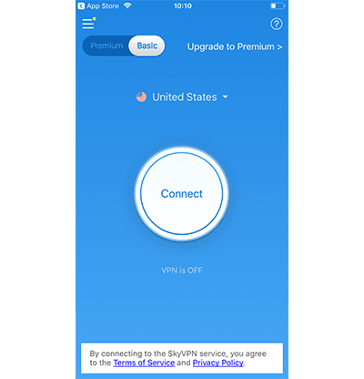Screenshot of SkyVPN's main screen on mobile