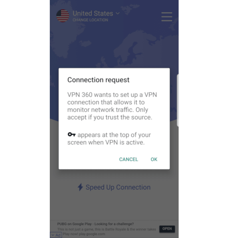 Screenshot of VPN 360 VPN Connection Request
