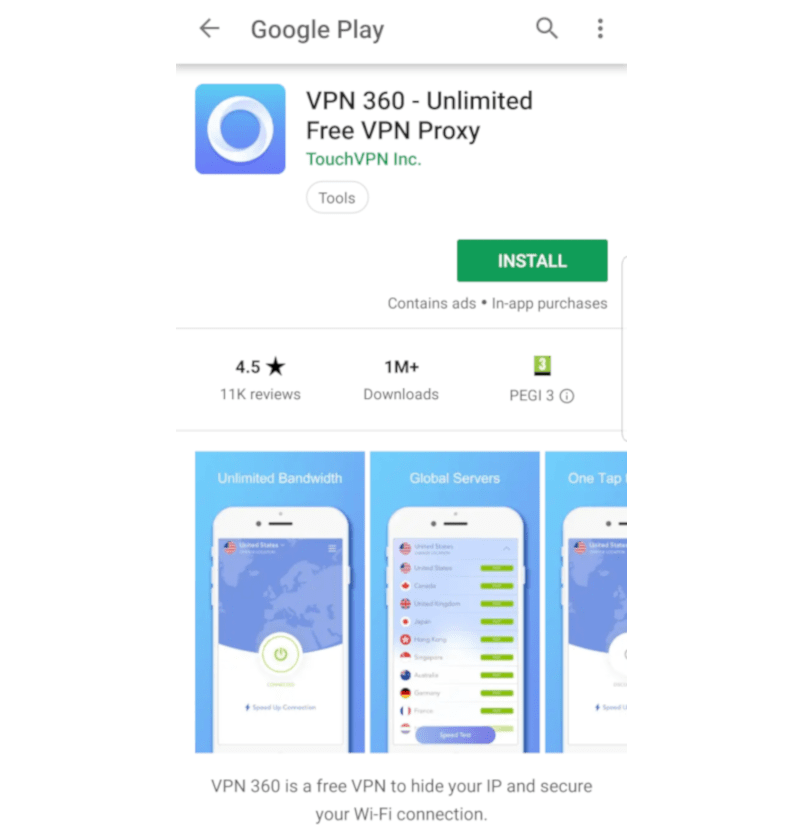 Screenshot of VPN 360 Profile on the Google Play Store
