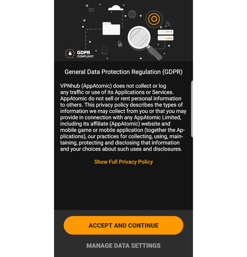 Screenshot of VPNhub's privacy policy