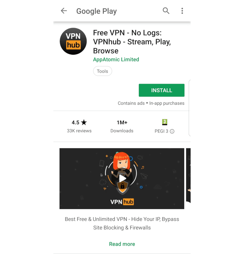 Screenshot of VPNhub's profile on the App Store