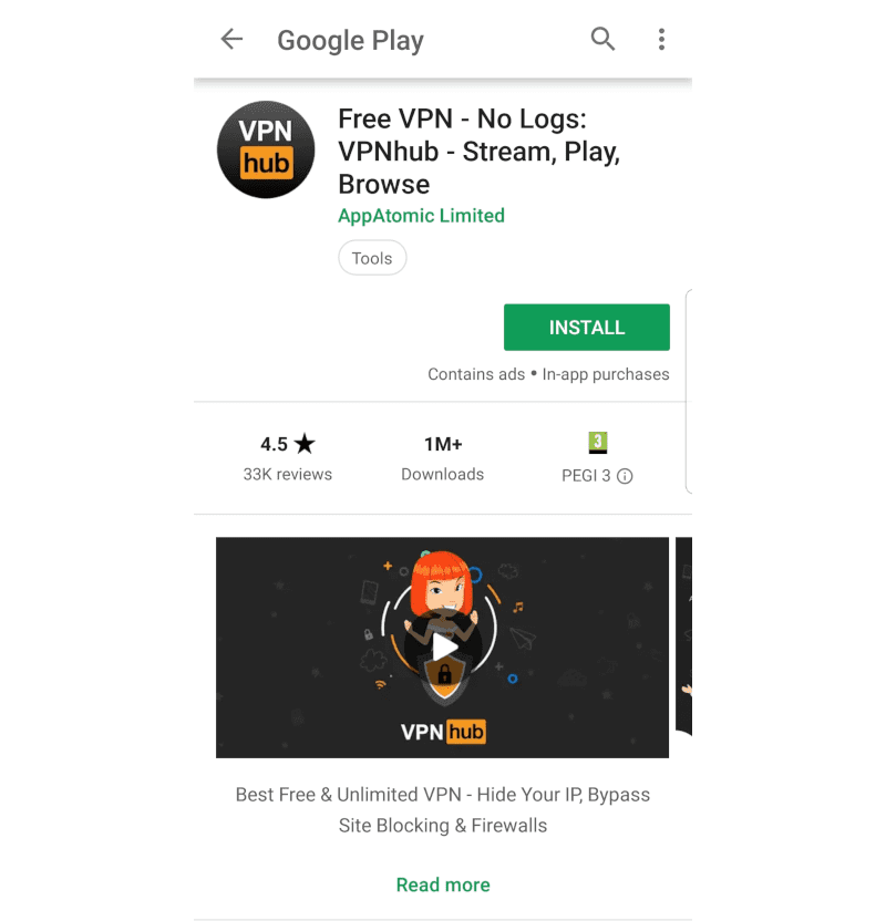 Captura de pantalla del perfil de VPNHub en la App Store