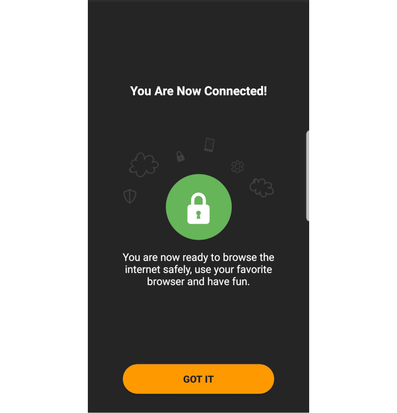 Captura de pantalla del aspecto de VPNhub cuando se conecta en un móvil