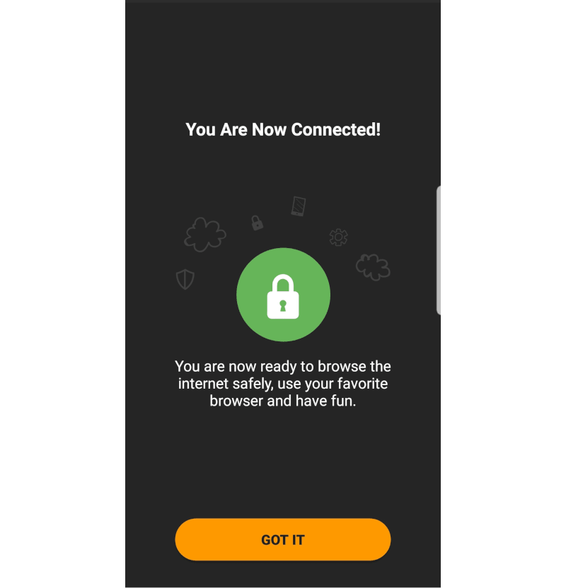 Screenshot of what VPNhub looks like when it's connected on mobile