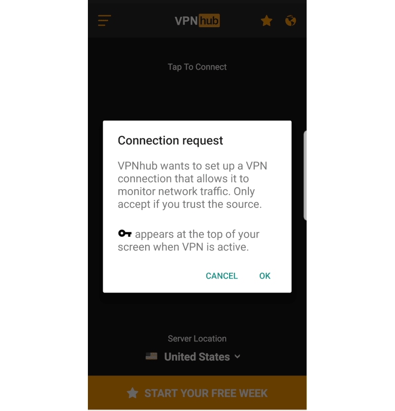 Zrzut ekranu żądania połączenia z VPNhub na urządzeniu przenośnym