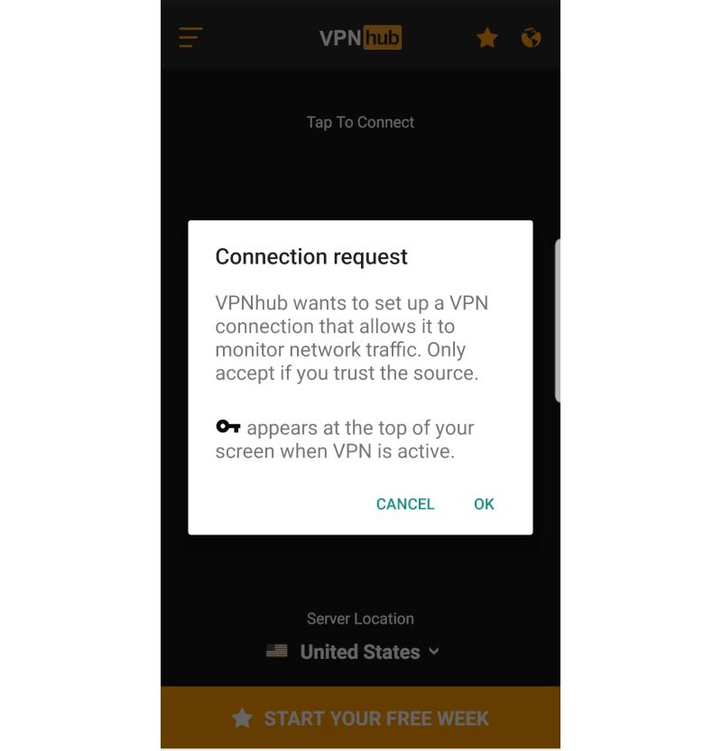 Captura de pantalla de una solicitud de conexión VPNHUB en móvil