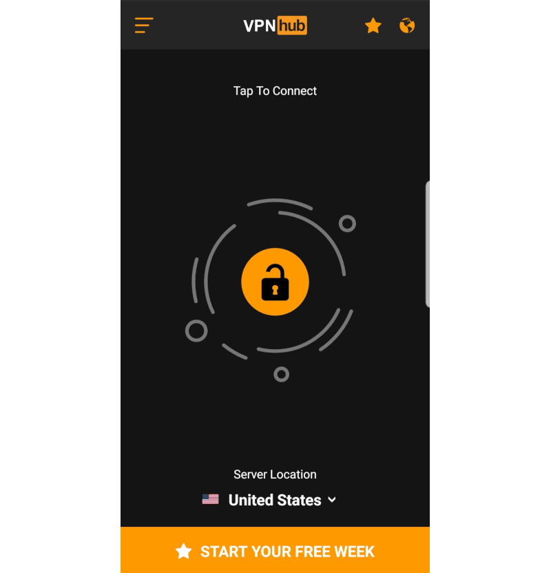 Screenshot of VPNhub's main screen on mobile