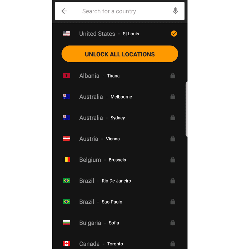 Screenshot of the VPNhub server list on mobile