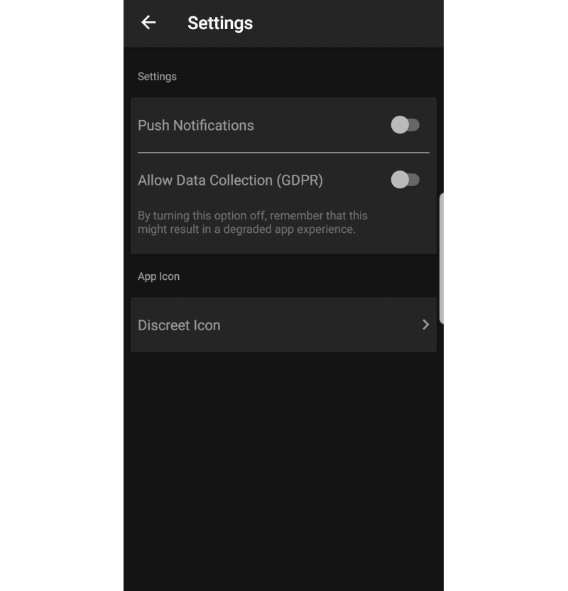 Screenshot of the VPNhub settings menu on mobile