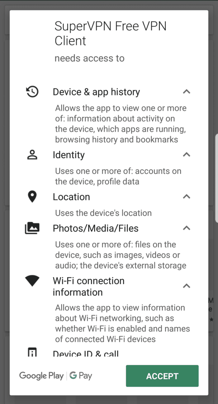 VPN app requesting permissions