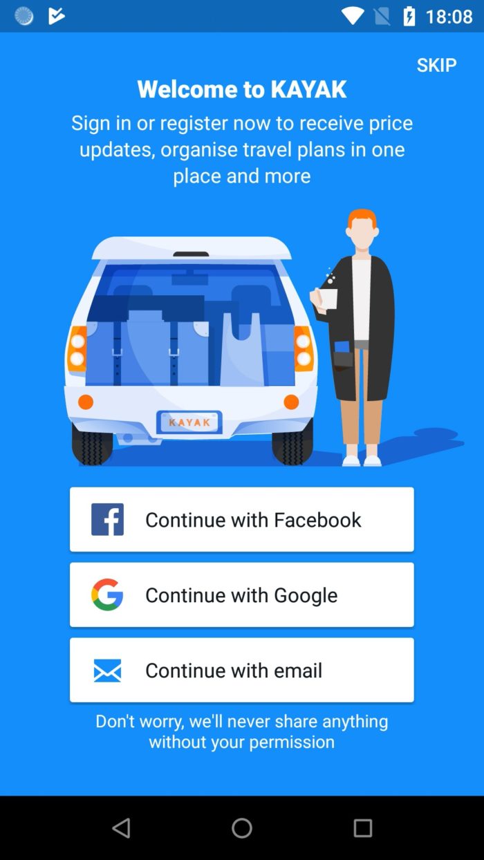 Kayak permission screen