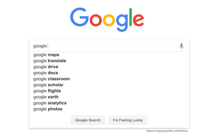 Google search with list of Google services
