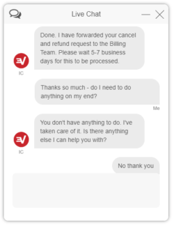 Confirmación del reembolso a través del chat en tiempo real de ExpressVPN