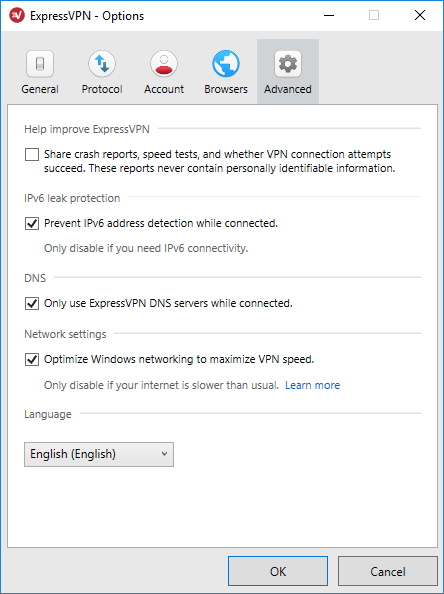 Screenshot of ExpressVPN IPv6 Leak Protection Settings