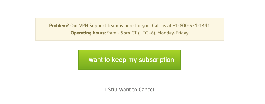 Página de confirmación de cancelación de IPVanish