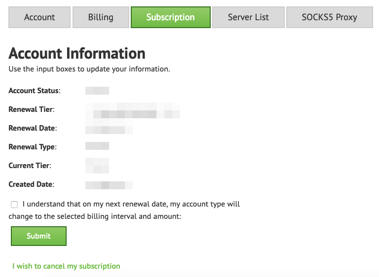 The IPVanish control panel