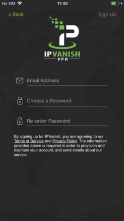 IPVanish iOS app log in screen