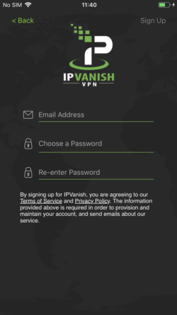 IPvanish iOS ऐप स्क्रीन में लॉग इन करें