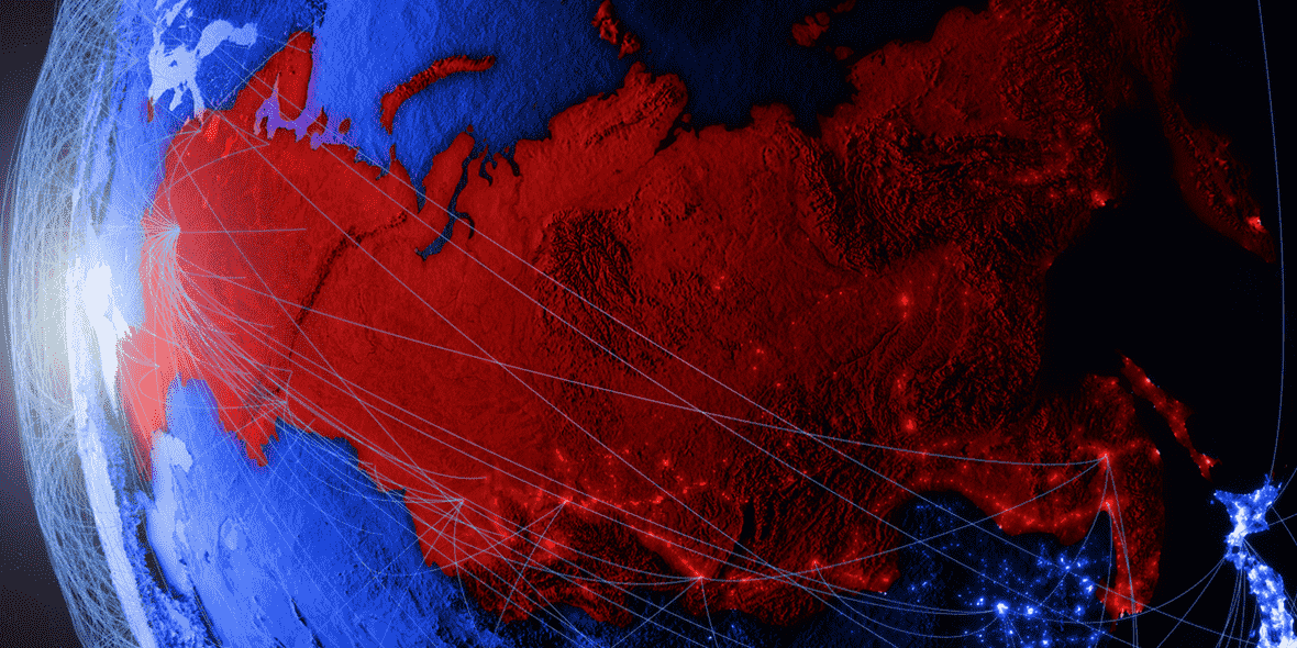 Russia from space on blue digital model of Earth with international network Russia from space on blue digital model of Earth with international network