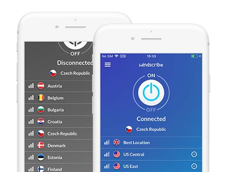 Schermate di Windscribe su dispositivo mobile