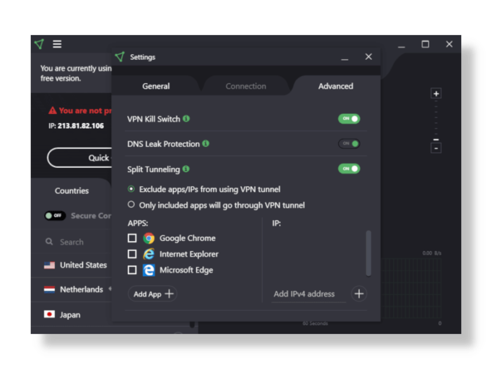 El menú de ajustes de ProtonVPN Gratis en su aplicación