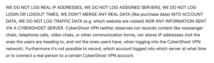 Excerpt from CyberGhost Logging Policy