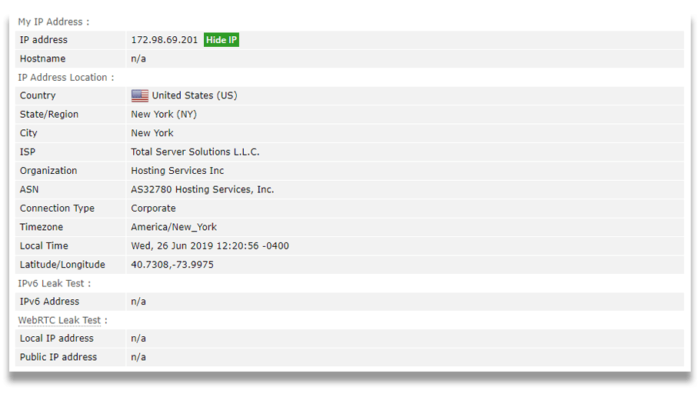 Captura de pantalla de la prueba de fugas de VPNArea en browserleaks.com