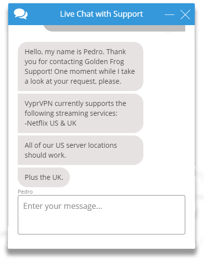Captura de pantalla de la función de chat en tiempo real de VyprVPN