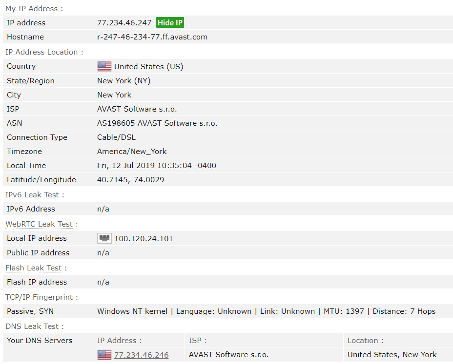 AVG Secure VPN leak test results on browserleaks.com