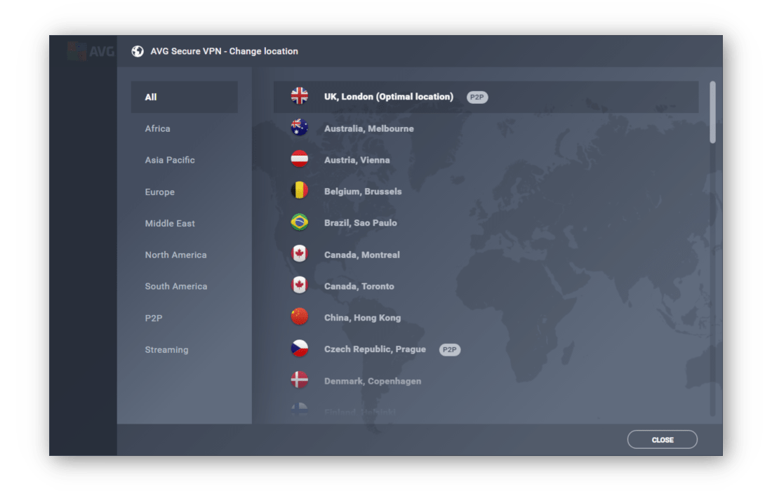 AVG Secure VPN app's server locations list