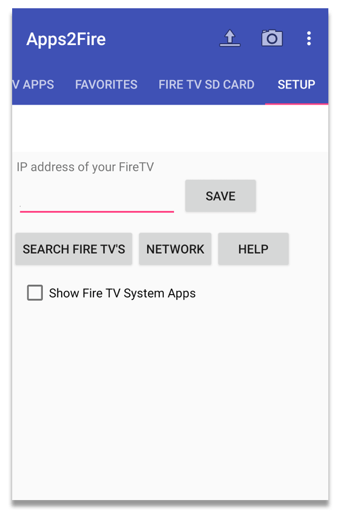 The setup section of the apps2fire Android app