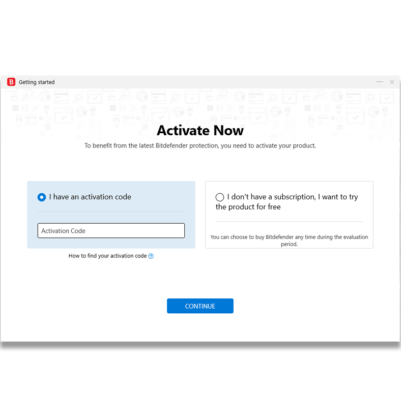 Captura de pantalla del código de activación de Bitdefender antes del proceso de instalación