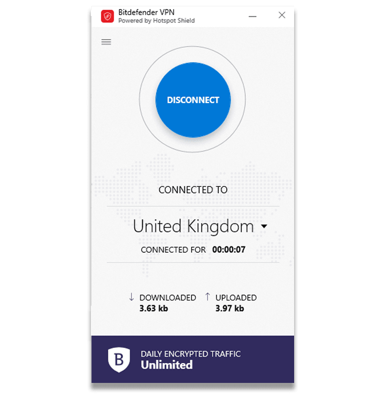 Screenshot of what the Bitdefender Windows app looks like when you're connected to a US server