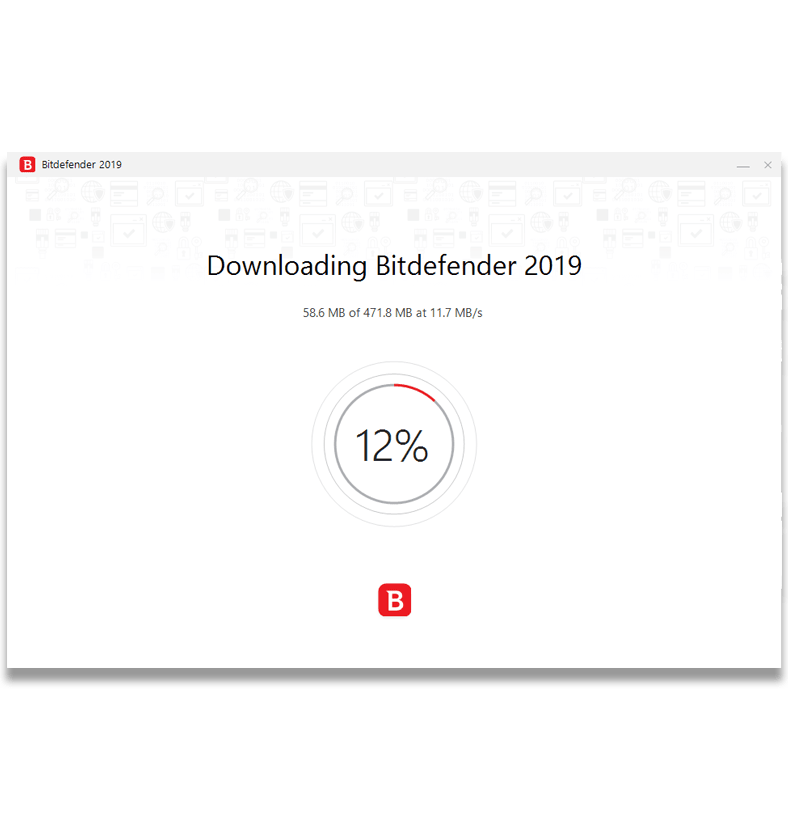 Screenshot of the Bitdefender installation process showing what percentage of the software has downloaded