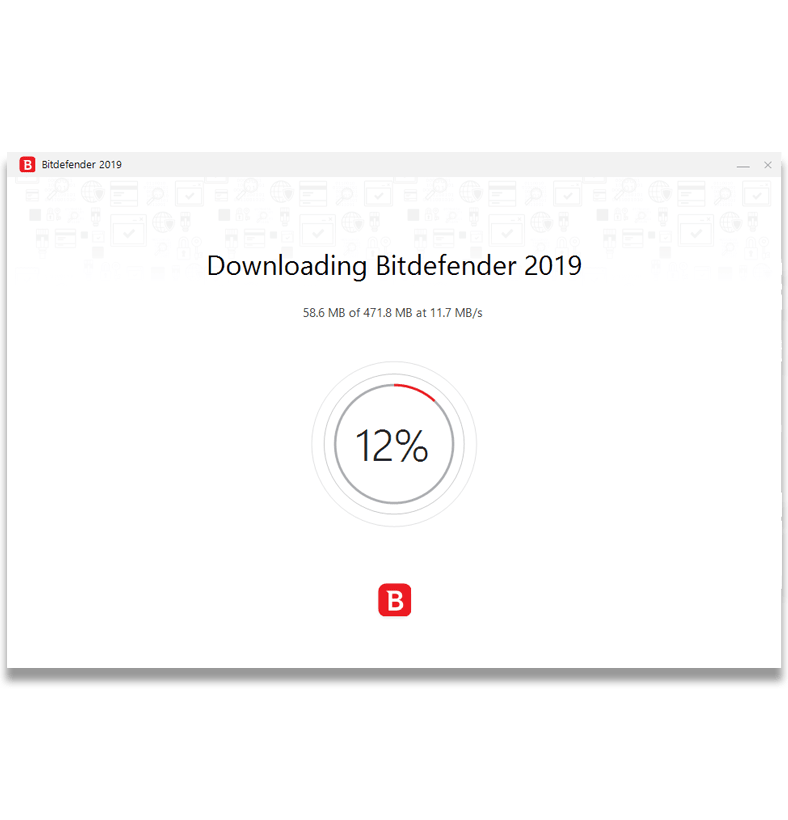 BitDefender इंस्टॉलेशन प्रक्रिया के स्क्रीनशॉट से पता चलता है कि सॉफ़्टवेयर का कितना प्रतिशत डाउनलोड किया गया है