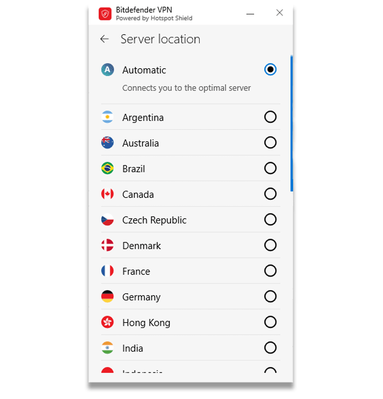 Captura de pantalla de las ubicaciones del servidor VPN de Bitdefender en su aplicación Windows