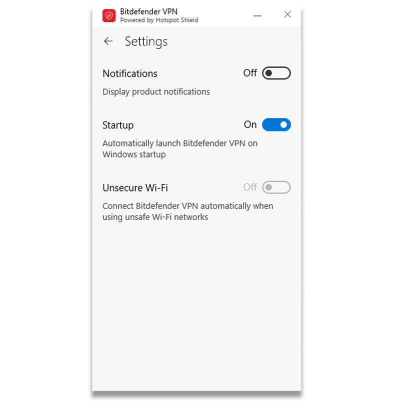 Screenshot of Bitdefender VPN's settings menu in its Windows app
