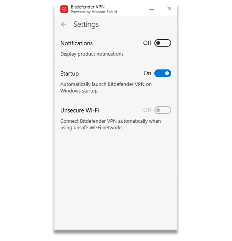 Captura de pantalla del menú de configuración de Bitdefender VPN en su aplicación Windows