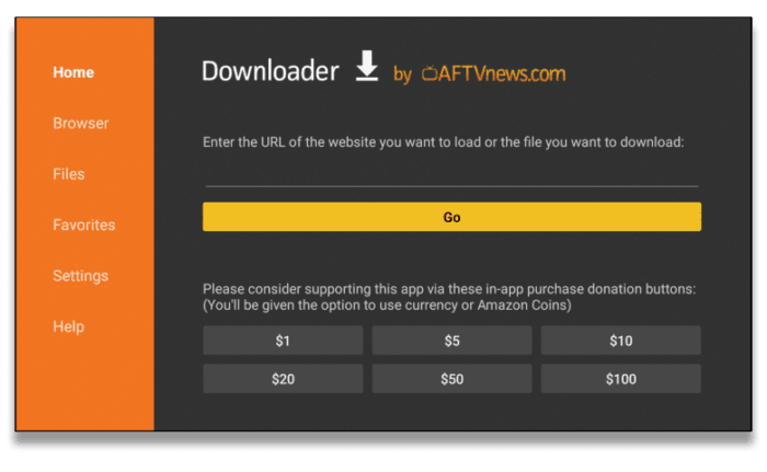 La pantalla Ingrese URL en la aplicación Downloader en Firestick