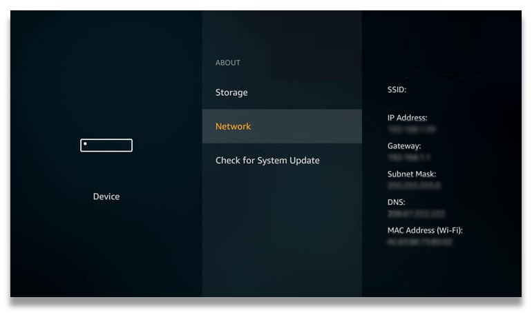 The network settings menu in Firestick