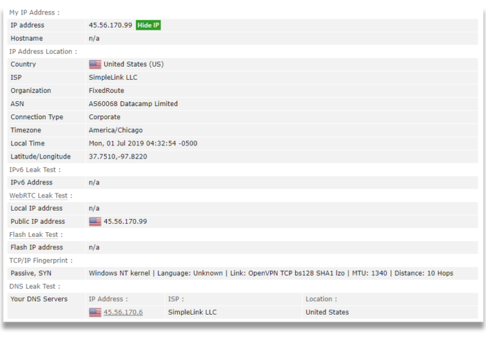 IPVanish leak test results from browserleaks.com