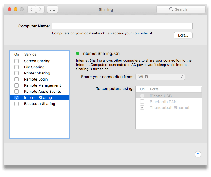 The Internet Sharing settings on Mac